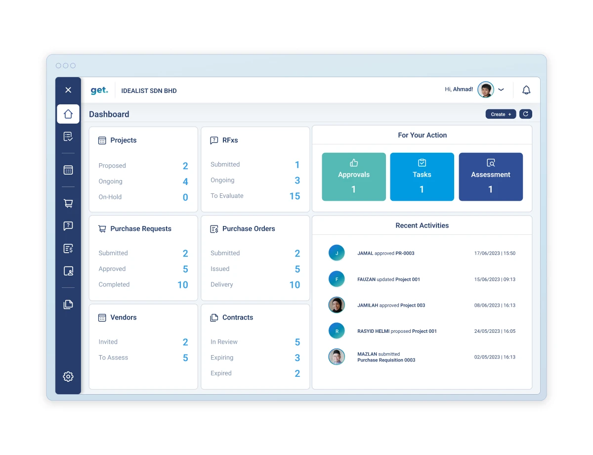 Detik Ideal provides a combination of project management directly integrated with procurement system to allow for more streamlined and efficient management of project deliverables, purchase requisition and budgeting.