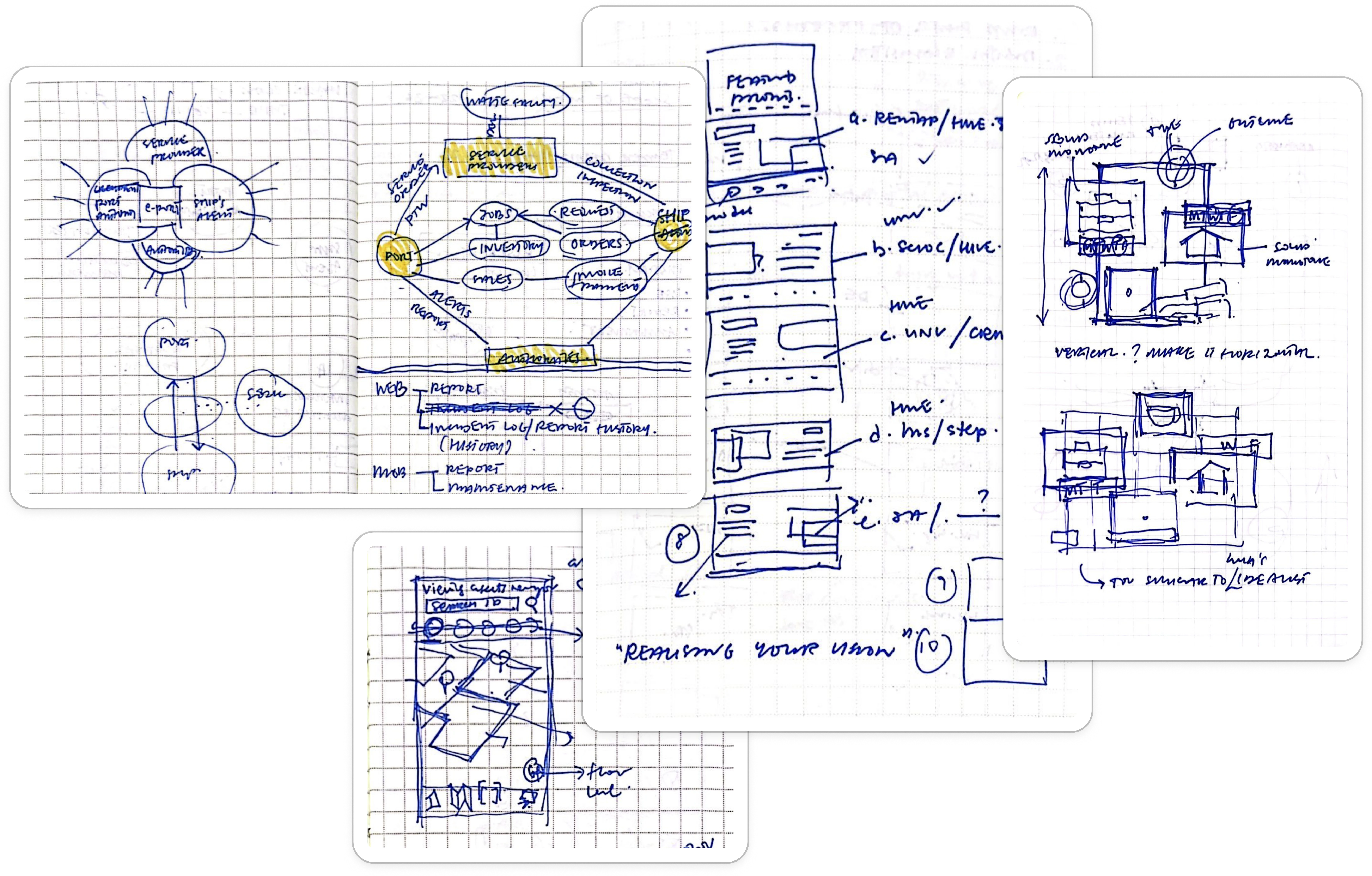 Design process with compilation of rough sketches and iterations.